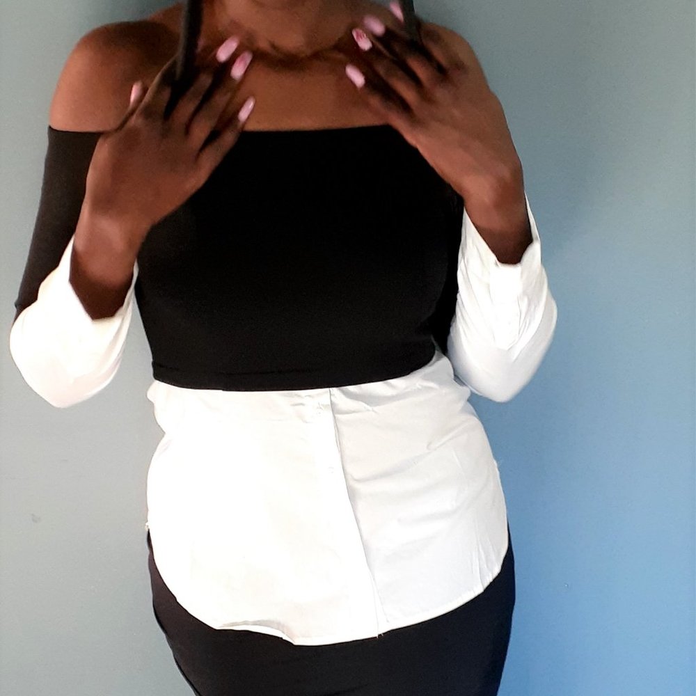 Black and White Bardot Style Blouse